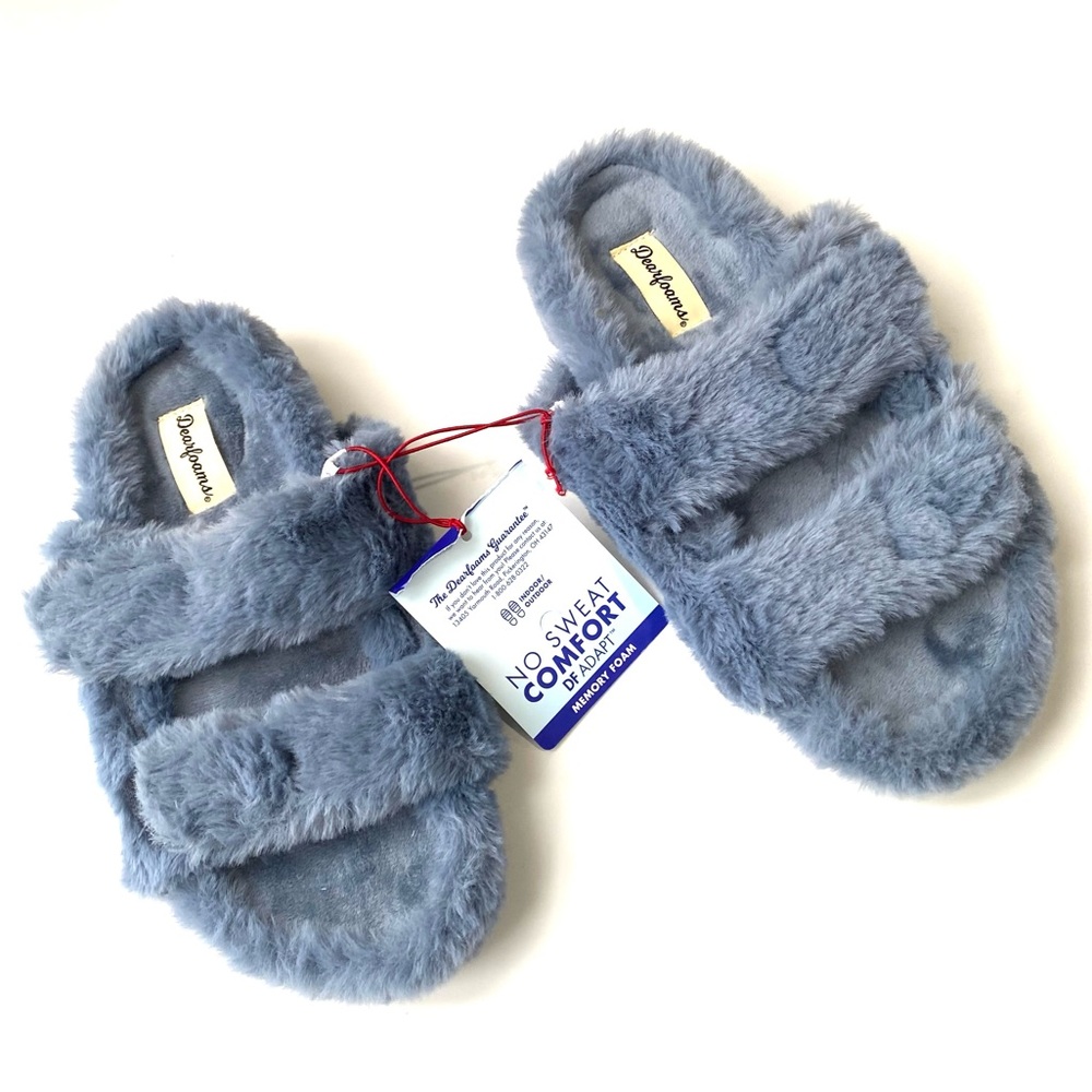 DEAR FOAMS New $49 Womens Small 5-6 Blue Faux Fur Soft 2 Strap Slip On Slippers